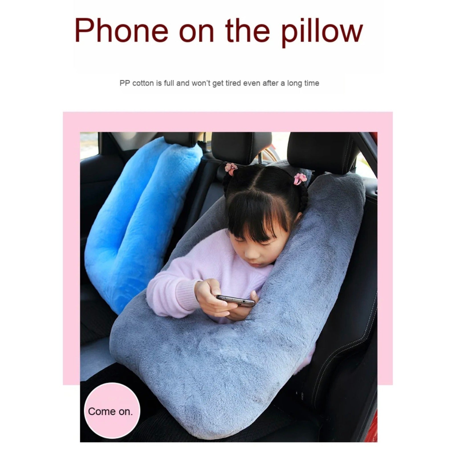A Child is Using Soft U-Shaped Travel Neck Pillow While Travelling in a Car.
