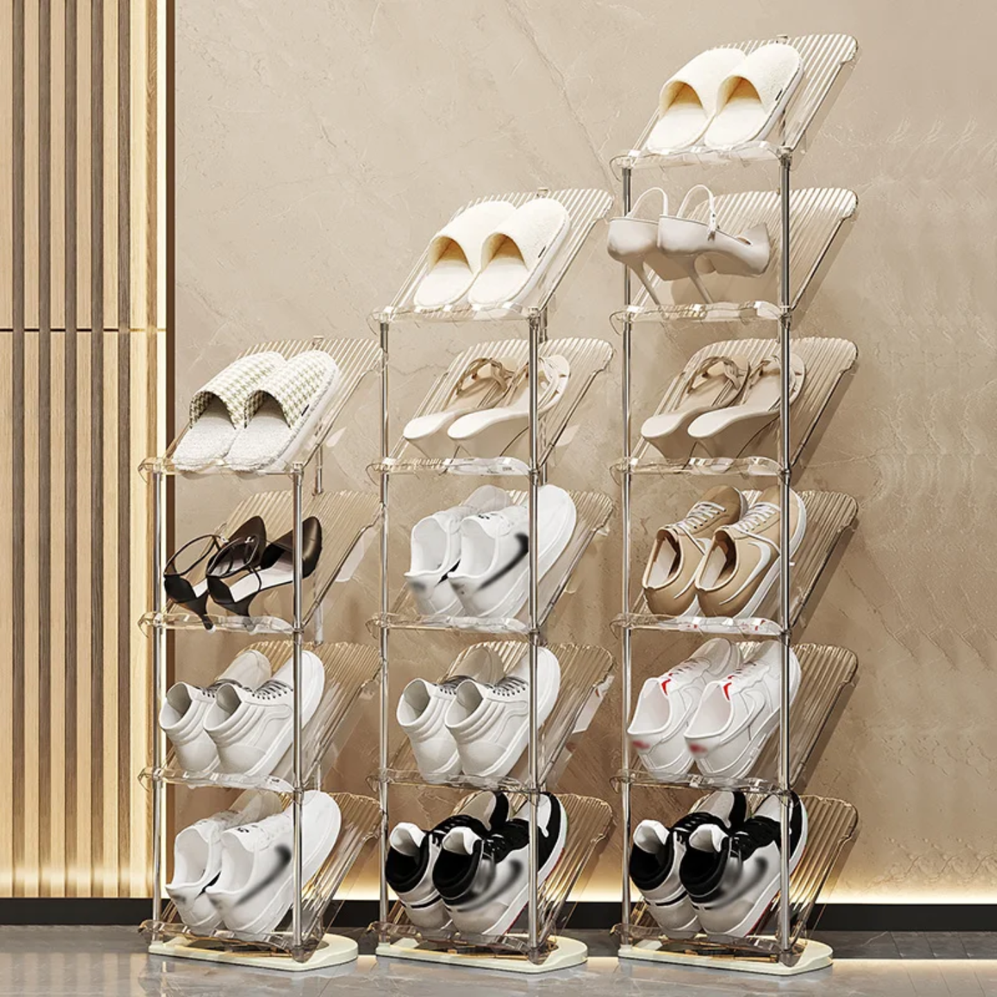 Shoes are Organized in a Vertical Shoe Rack Organizer Stand.