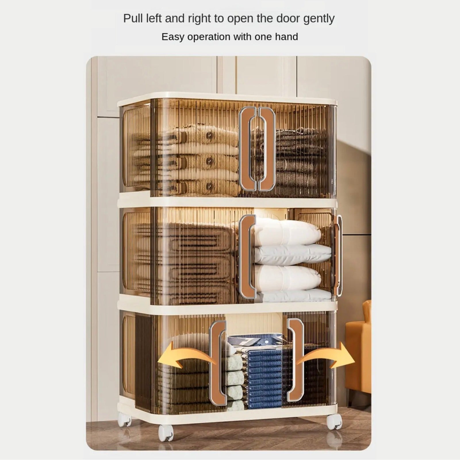 A Multi-Layer Movable Storage Cabinet Organized with Clothes.
