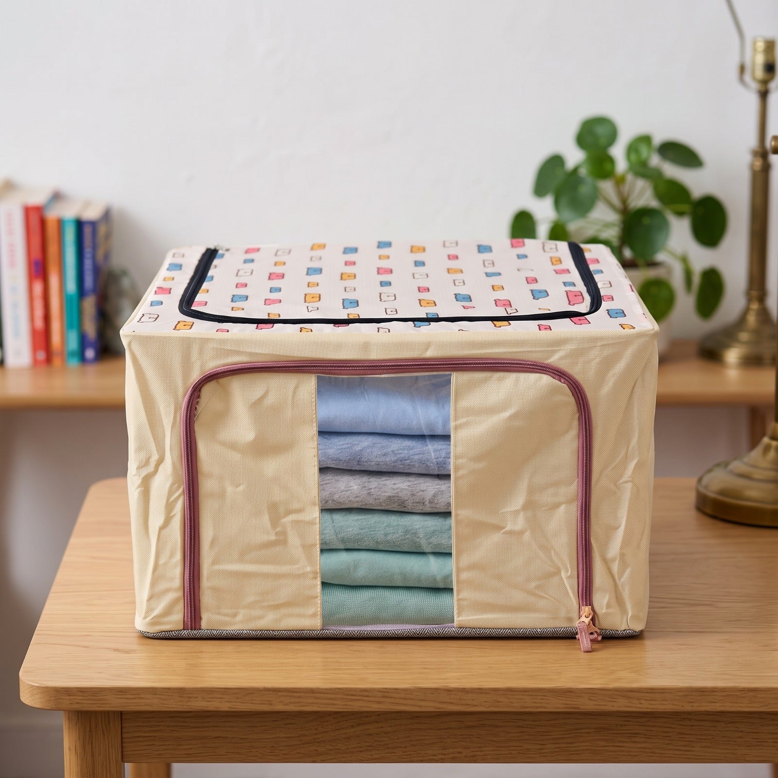 A Foldable Cloth Storage Organizer Box with a colorful grid pattern on the lid and a clear front window showing folded clothes inside, placed on a wooden table in a home setting.