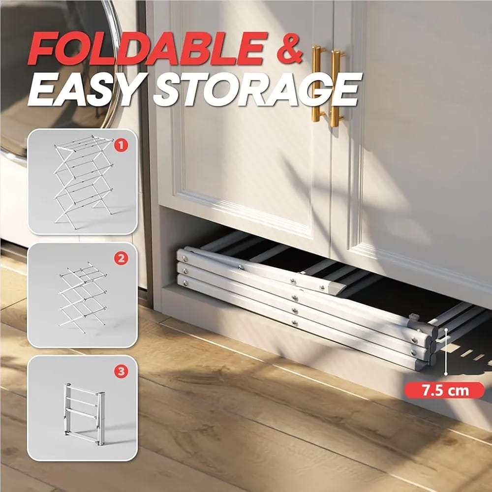 Foldable steps of clothes drying rack and stored under the shelf