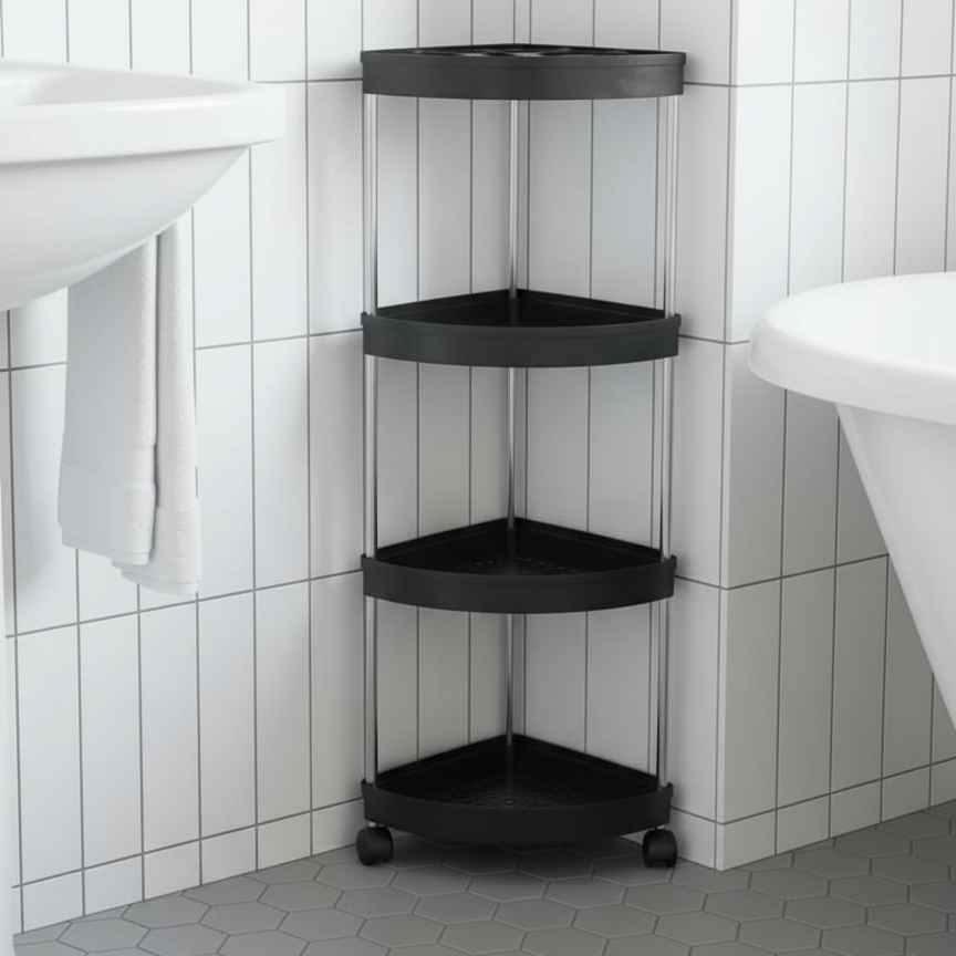 A Corner Storage Rack is Kept at the Corner of Bathroom.