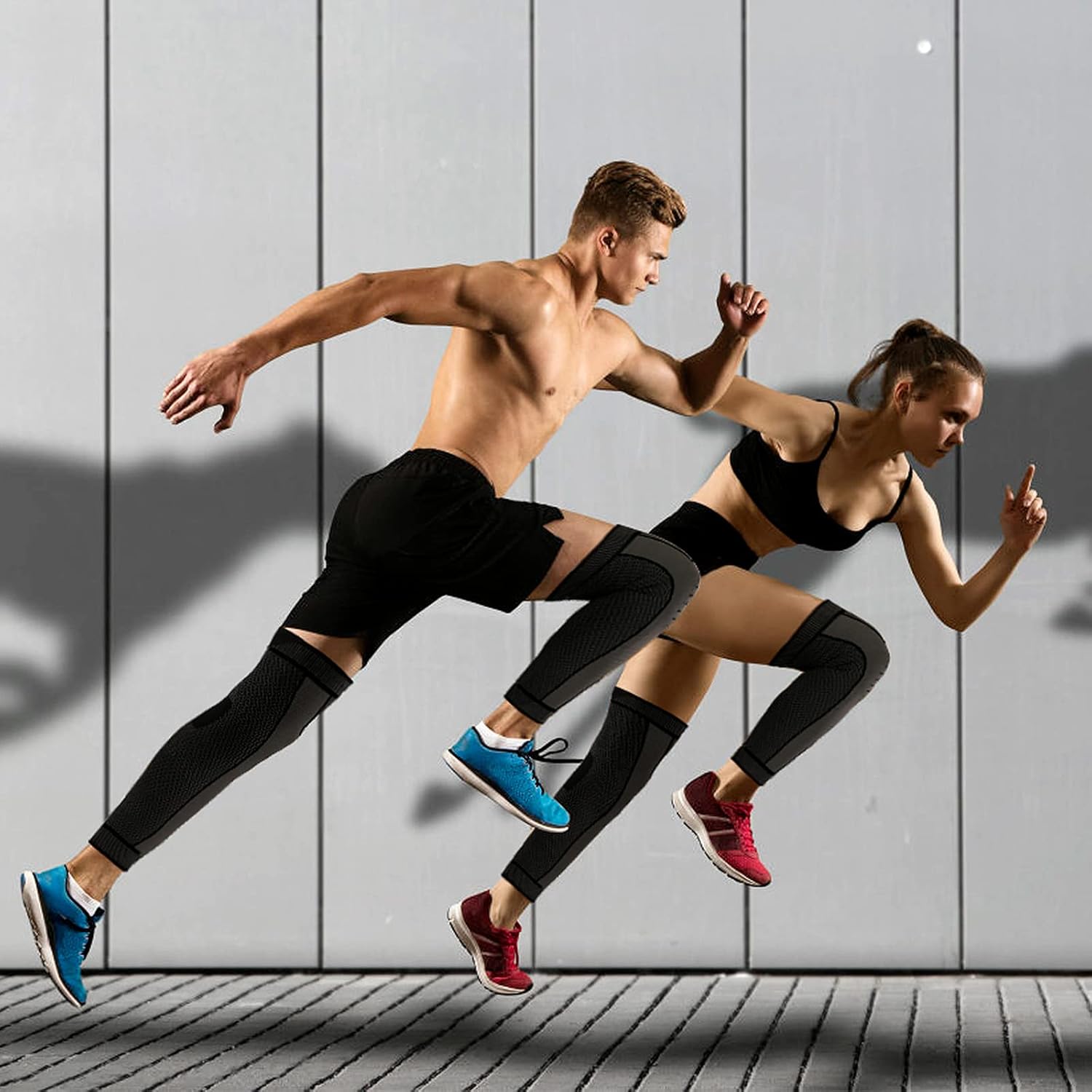 A Couple Wears Full Leg Compression Knee Support Sleeves and Runs.