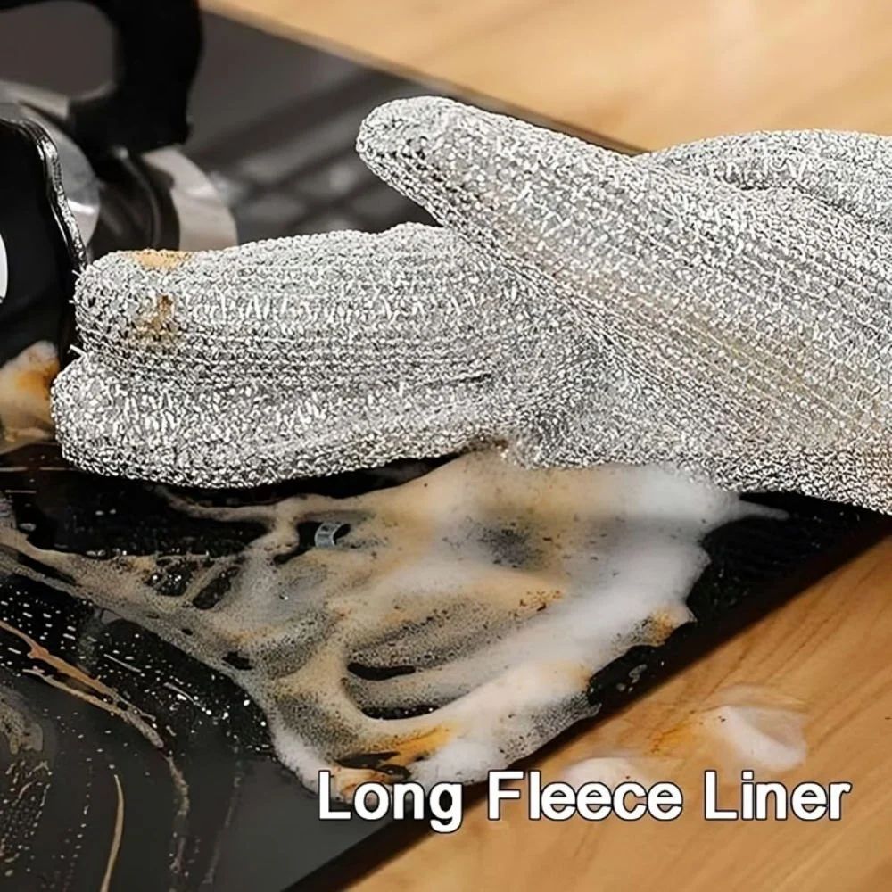 A Person is Cleaning Countertop Using Dishwashing Kitchen Cleaning Wire Gloves.