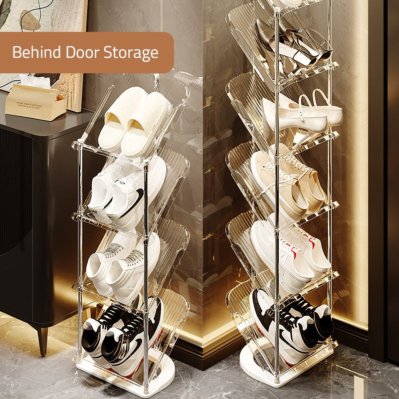 Shoes are Organized in a Vertical Shoe Rack Organizer Stand Behind the Doors.