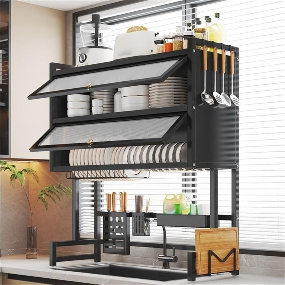 Various Kitchen Dishes and other Essentials are Organized in a Double Layer Over-Sink Dish Drying Rack.