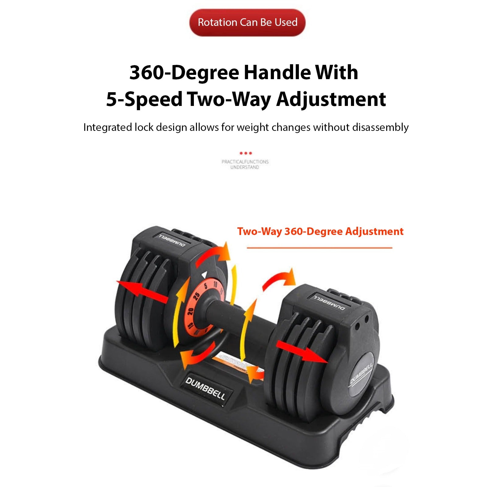 The adjustable dumbbell features a 360° rotating handle with a 5-speed two-way adjustment system, allowing quick and secure weight changes with a simple twist.