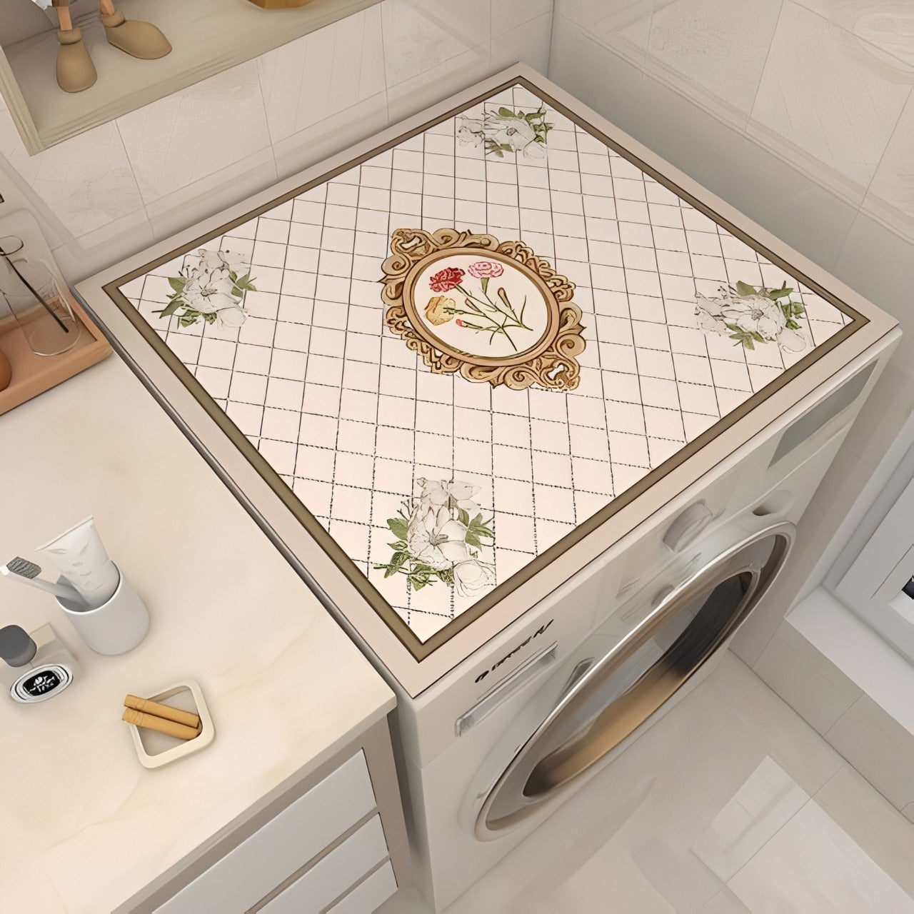 A washing machine covered with Dust Proof Top Cover Mat.
