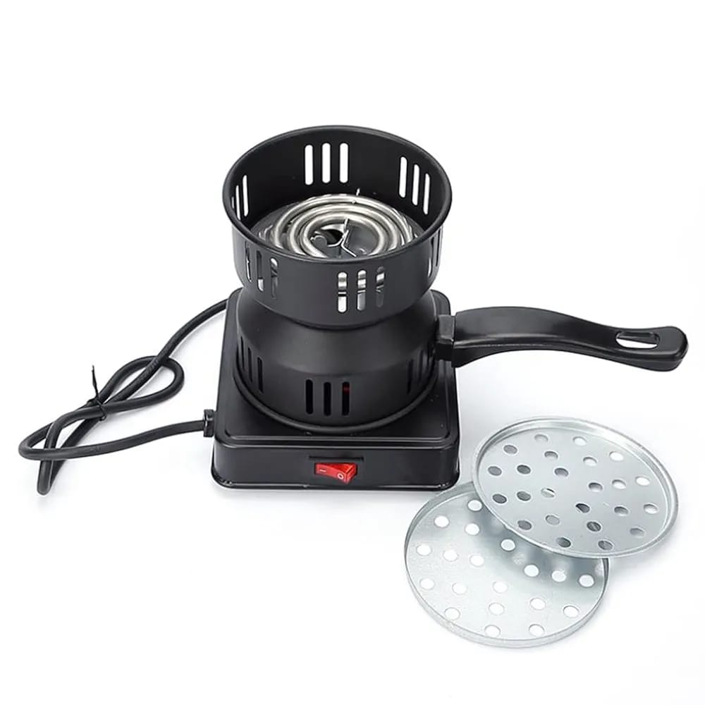 An electric charcoal burner, The device has a black base with a heating element inside a metal basket featuring multiple vertical slots for ventilation. There is a handle attached to the basket, allowing easy and safe handling. In front of the burner base is a red power switch. Two circular perforated metal plates,
