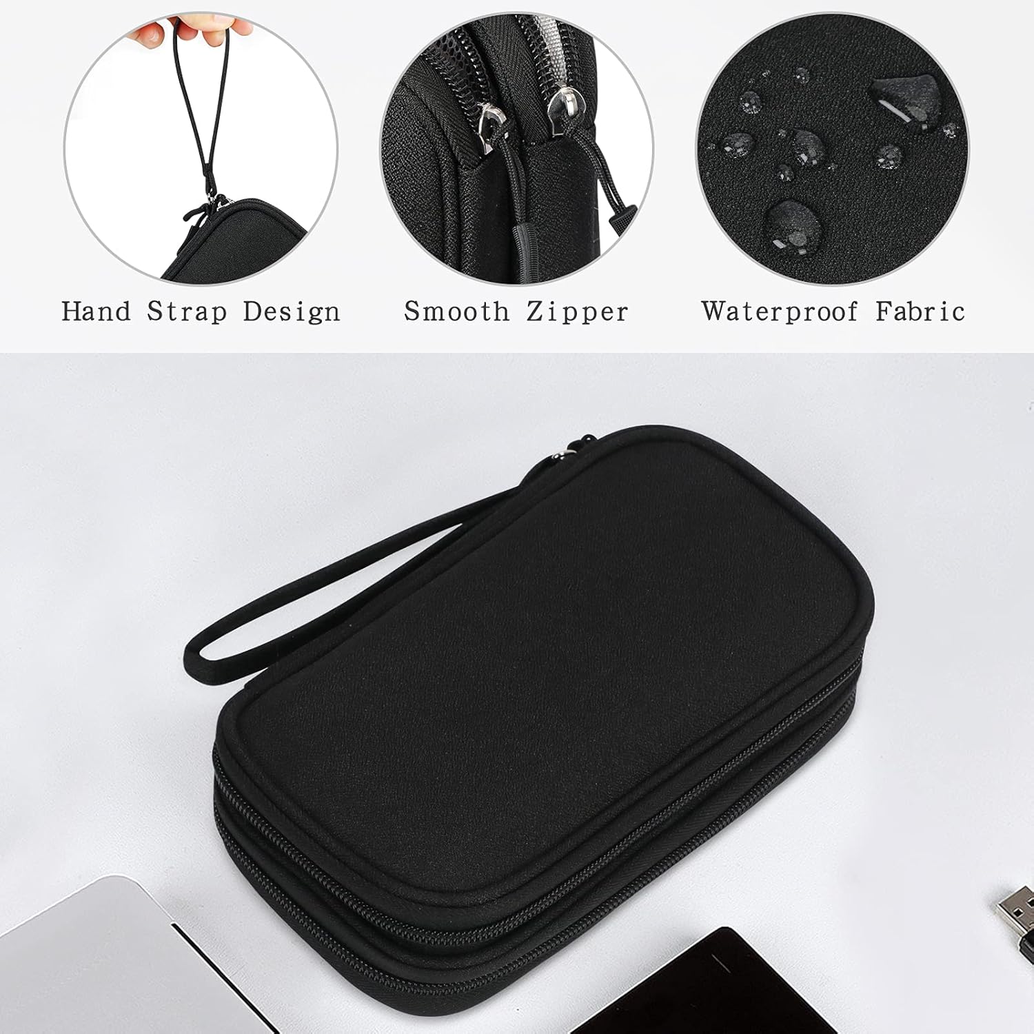 Black Electronic Accessories Organizer Travel Case with hand strap, smooth zipper, and waterproof fabric features on a white background.