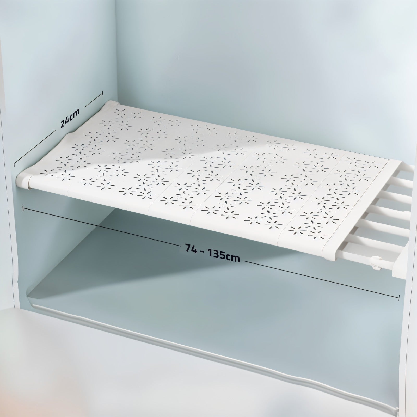 Expandable Closet Tension Shelf Divider attached on a shelf.