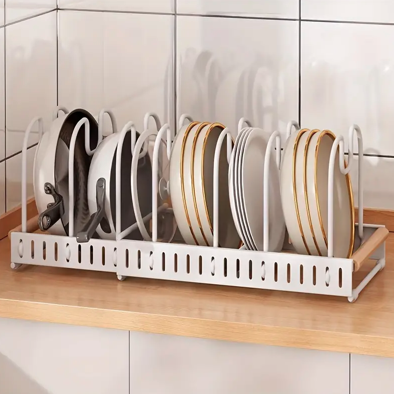 Expandable Pot and Pan Organizer Rack Organized with Pans and Plates.