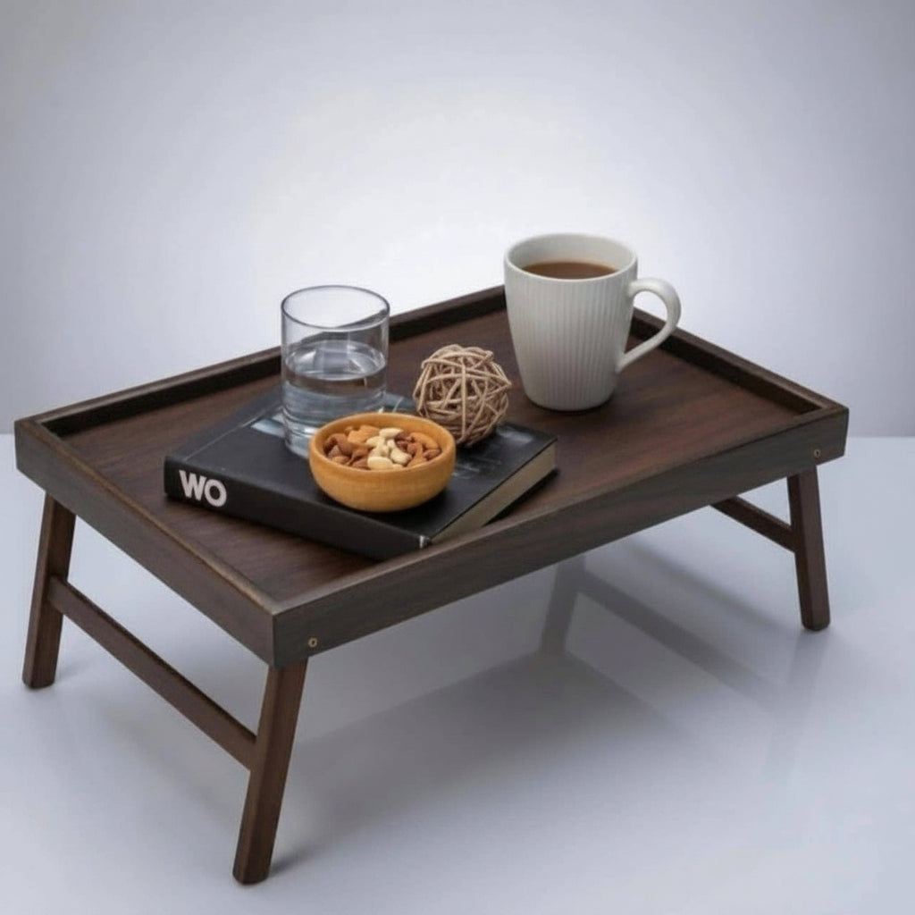 Foldable Wooden Bed Tray Table with a cup, glass, and bowl on a white background