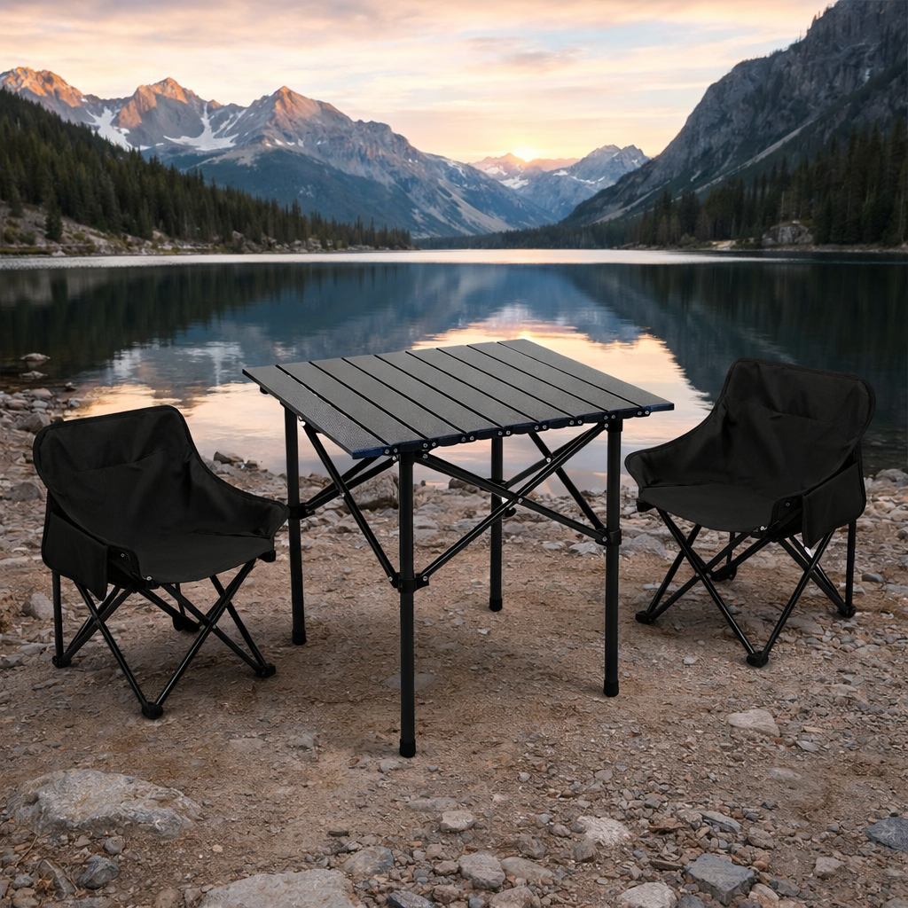 A Portable Folding Camping Table & Chair Set is arranged in a Camping area.