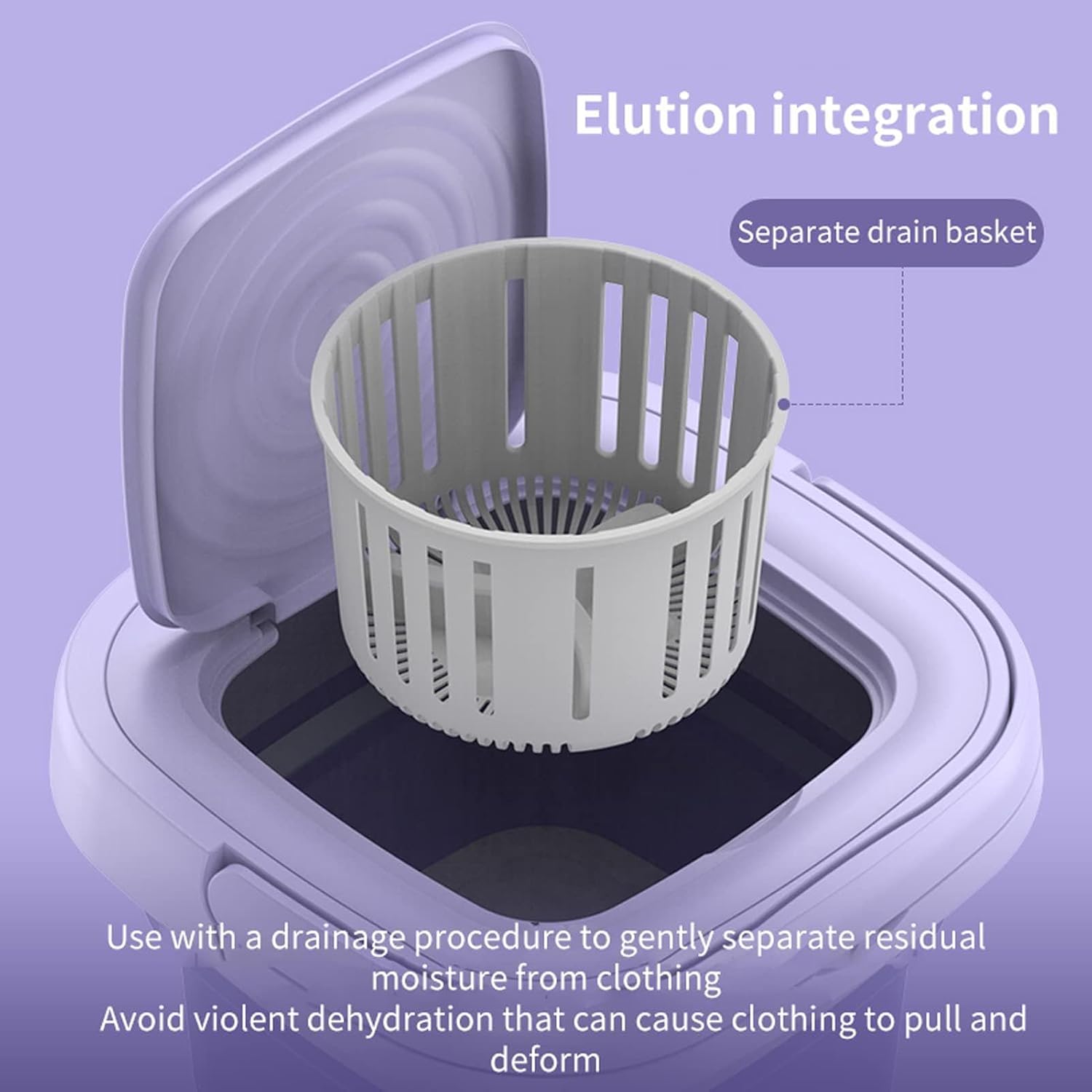 Separate drain basket for laundry machine on a purple background with text about elution integration.
