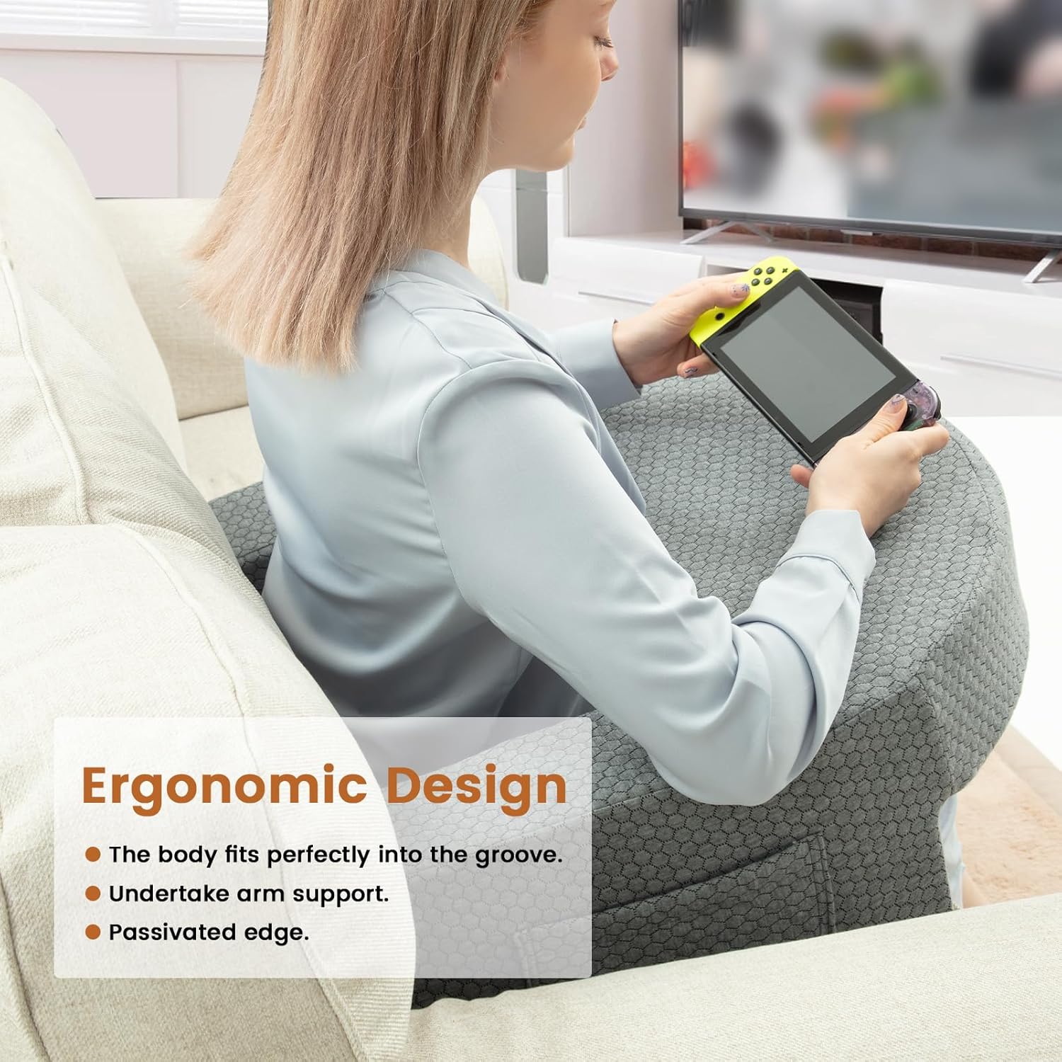 A Woman is Using Gaming Pad with the Support Of Bed Reading Pillow.