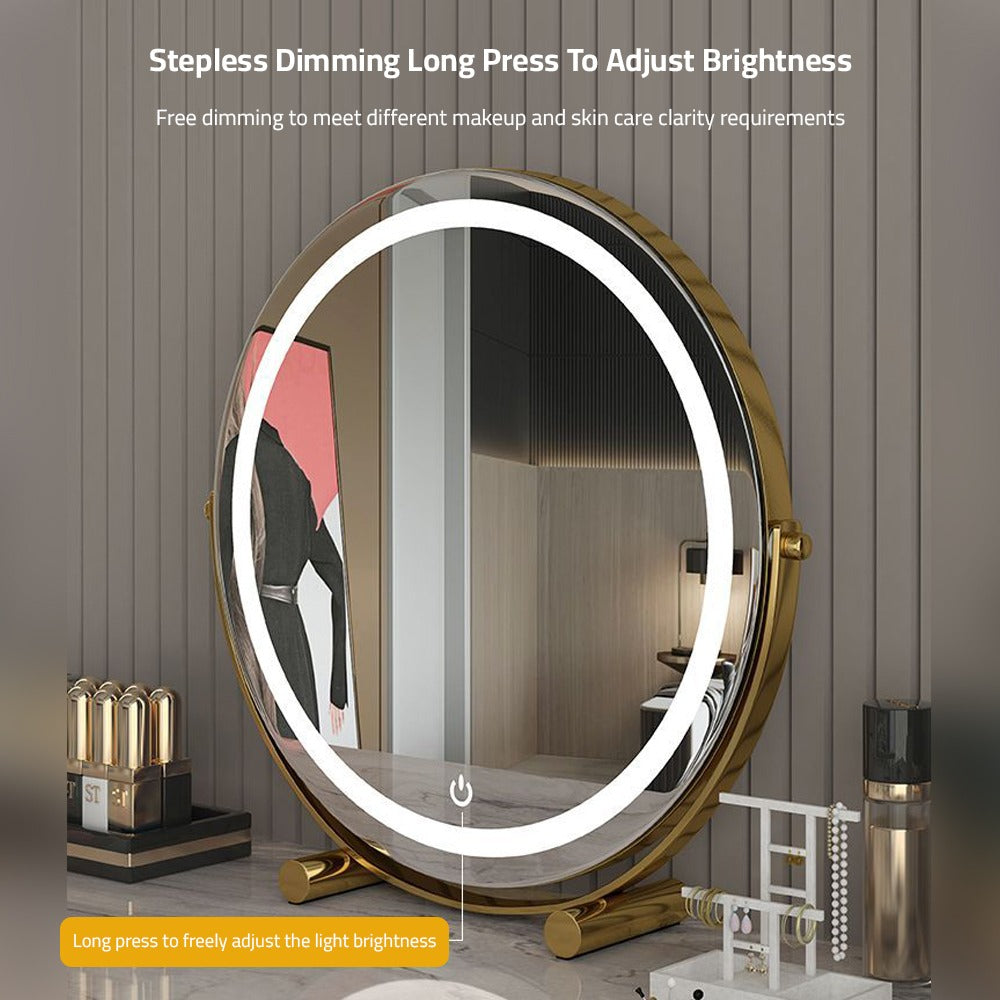 A Round LED Makeup Mirror is Placed on a Makeup Table.