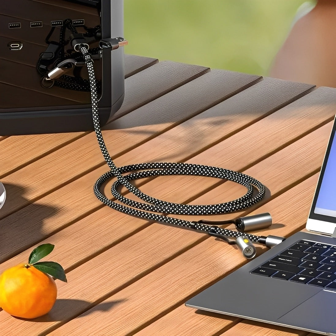 Green Lion Multi-Function 6-in-1 Cable connecting a portable power station to a laptop on a wooden outdoor table, with an orange fruit placed nearby.