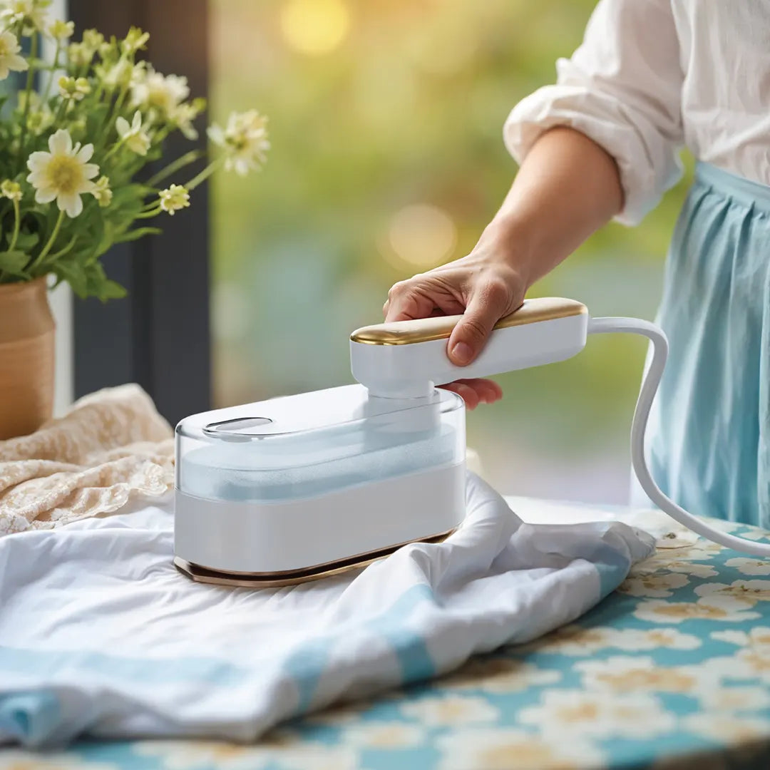 A person using the Green Lion Mini Steam Iron on a white and blue shirt near a bright window