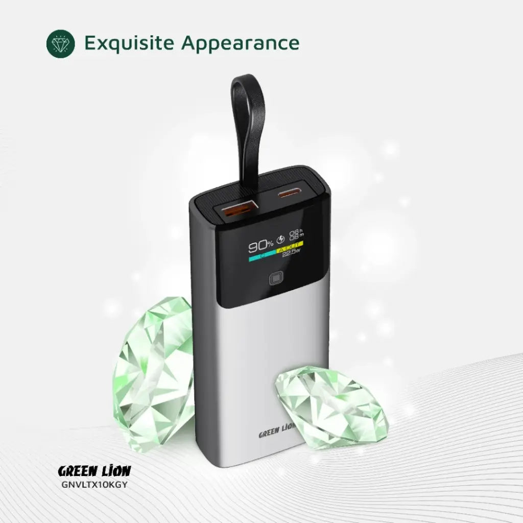 Green Lion Voltix 10000mAh Power Bank with green gemstones on a light gray background