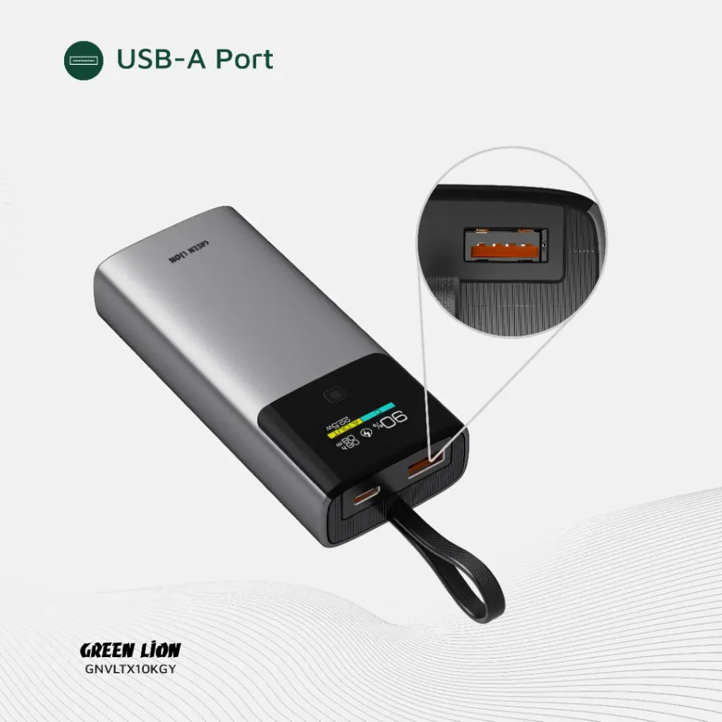 Green Lion Voltix 10000mAh Power Bank with USB-A port highlighted on a white background