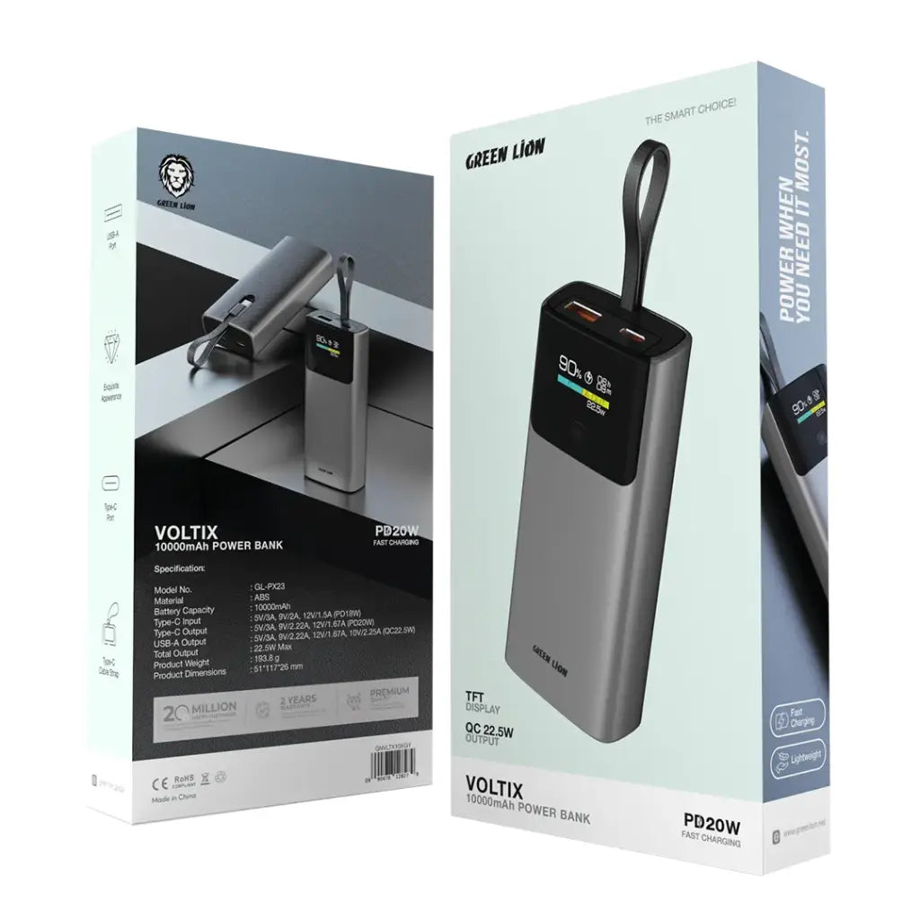 Voltix Power bank packaging with 'Green Lion' branding on a white background