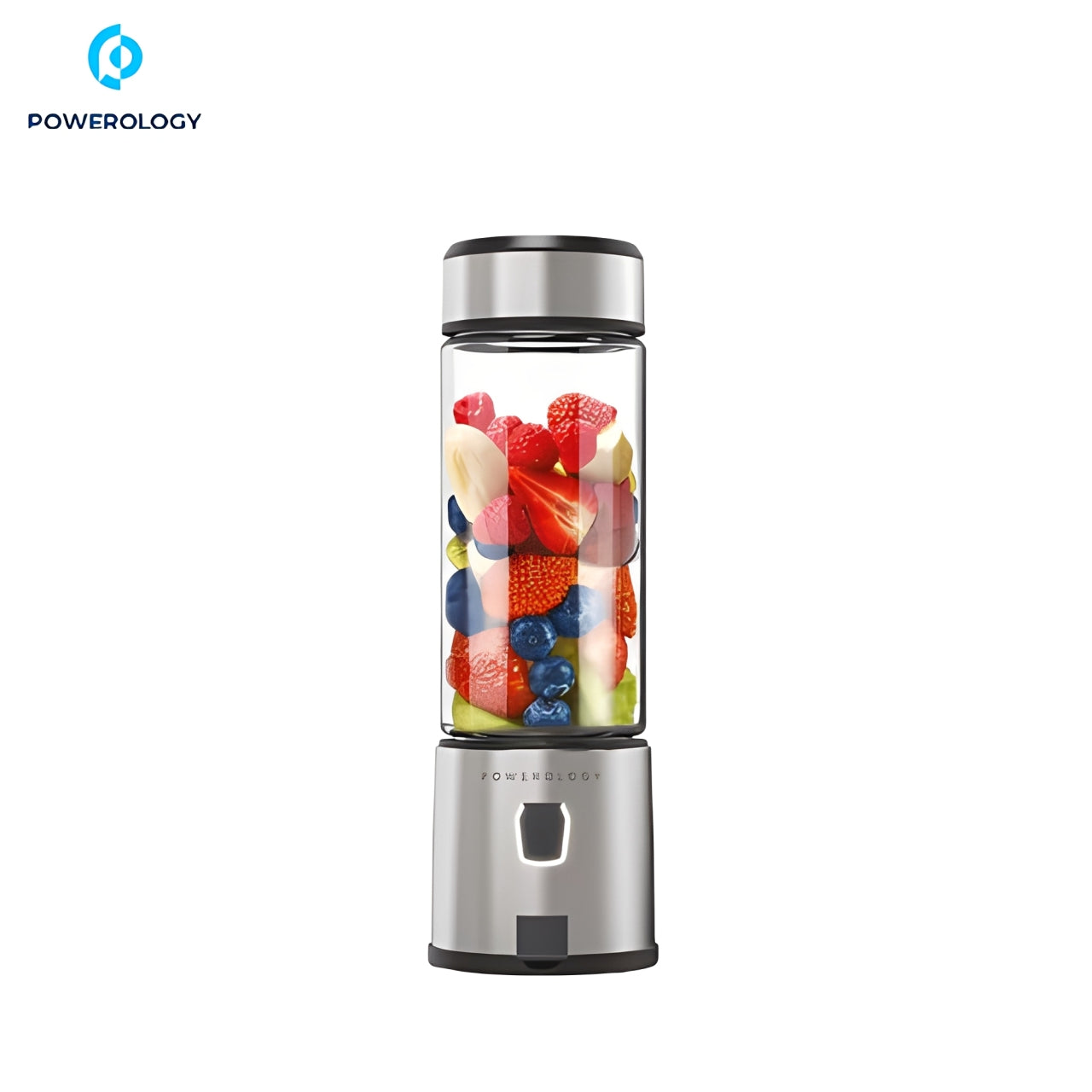Powerology 6-Blade Portable Juicer with fruits inside on a white background, branded 'Powerology'.