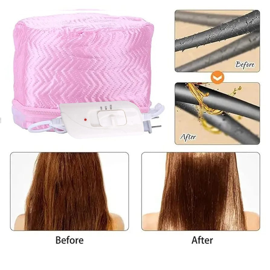 Before using the Electronic Hair Treatment Cap, hair looks dry and frizzy; after use, it appears smooth, shiny, and nourished.
