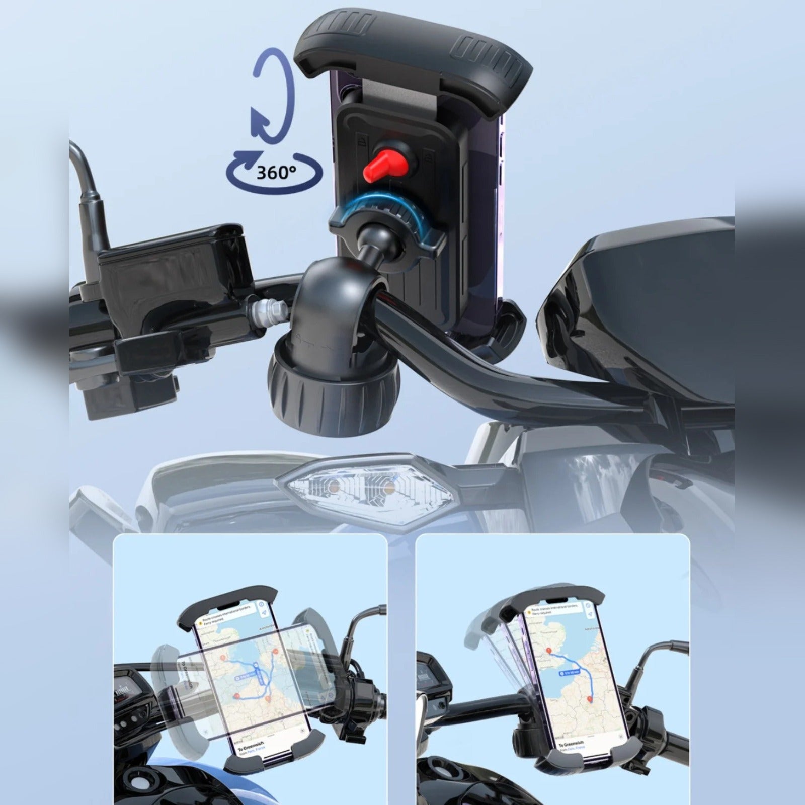 A Bike Mobile Phone Holder is Attached on the Handlebar Of Bike.