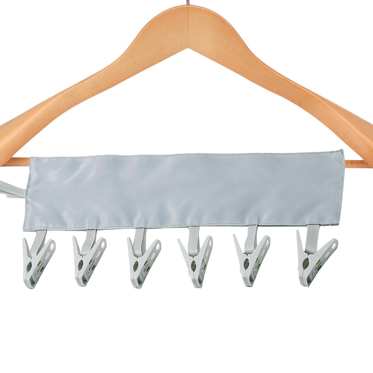 Gray Color Hanging Strap with Clips attached to a cloth hanger