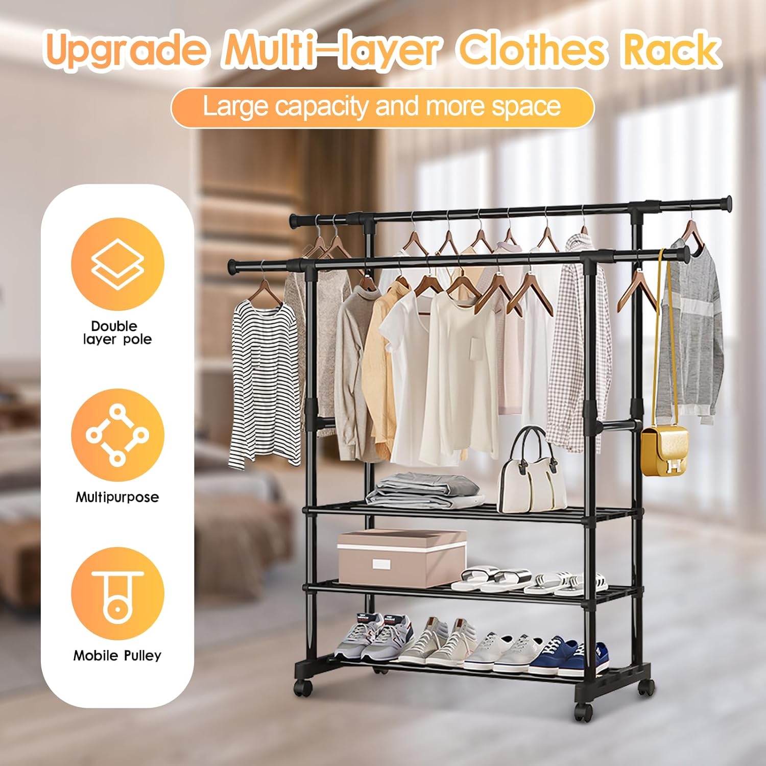 High Quality Cloth Hanger with Clothes and Shoes are Organized in it.