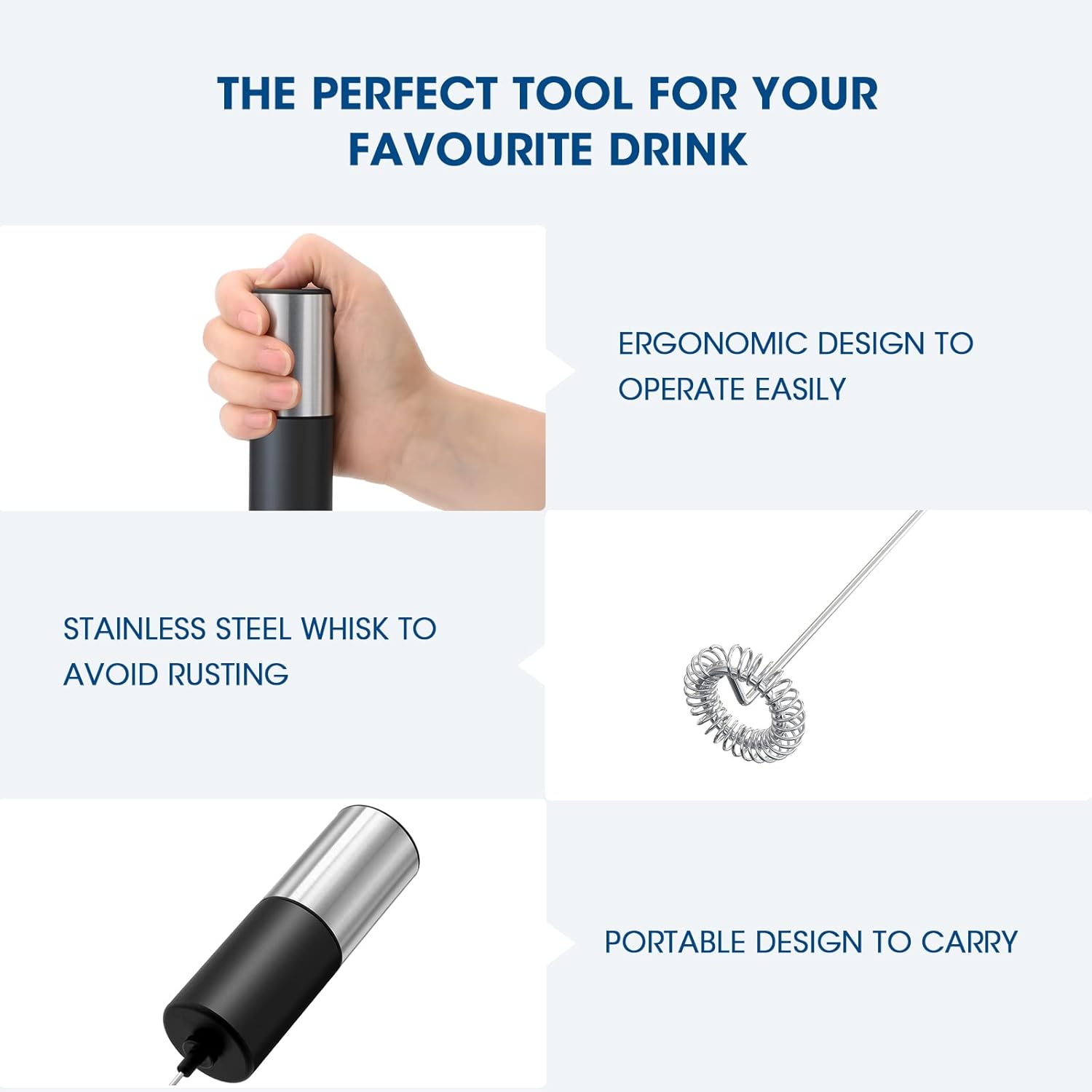 A Person is Holding Handheld Electric Milk Frother to Make Coffee.