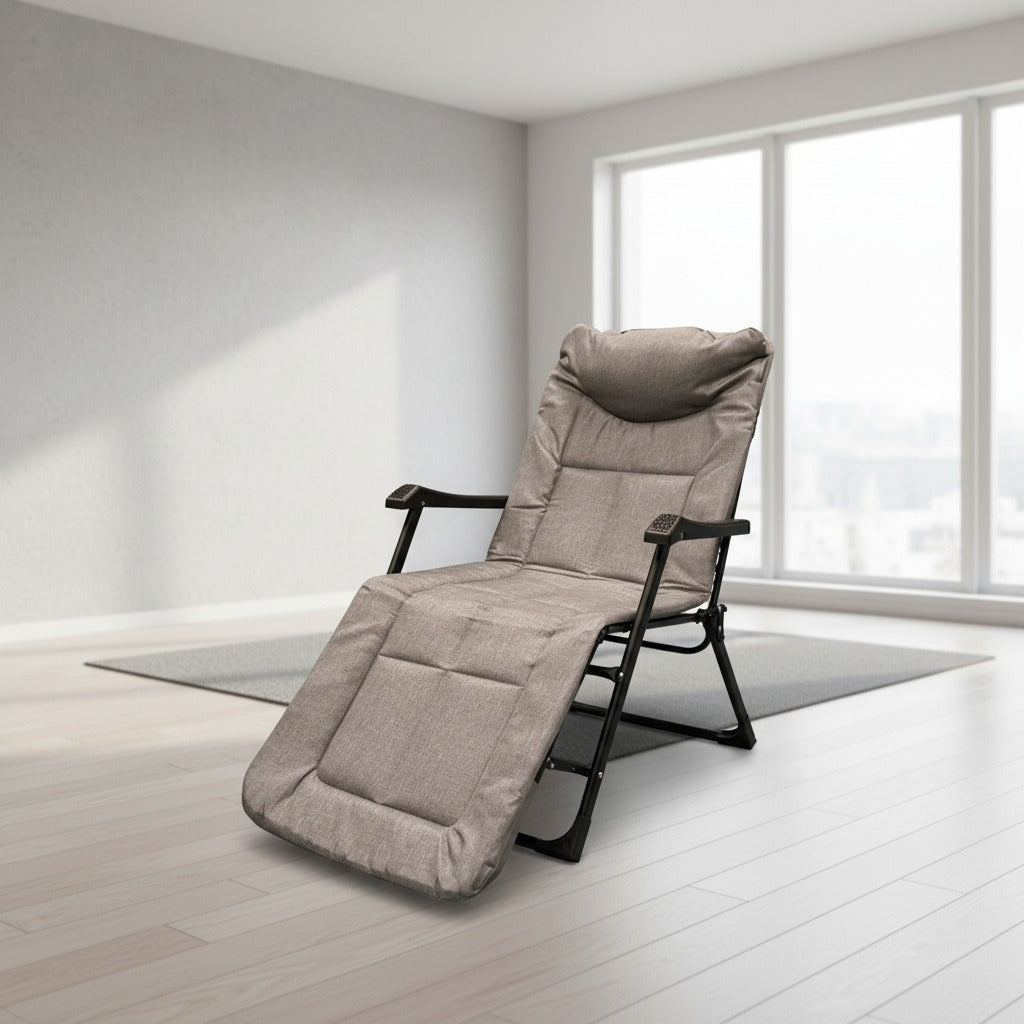 An Adjustable Folding Camping Chair Bed in Indoor.