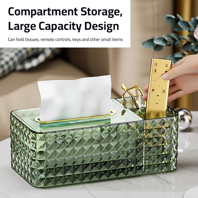 A Person is keeping the remote control on the Compartment Of luxury tissue box holder.