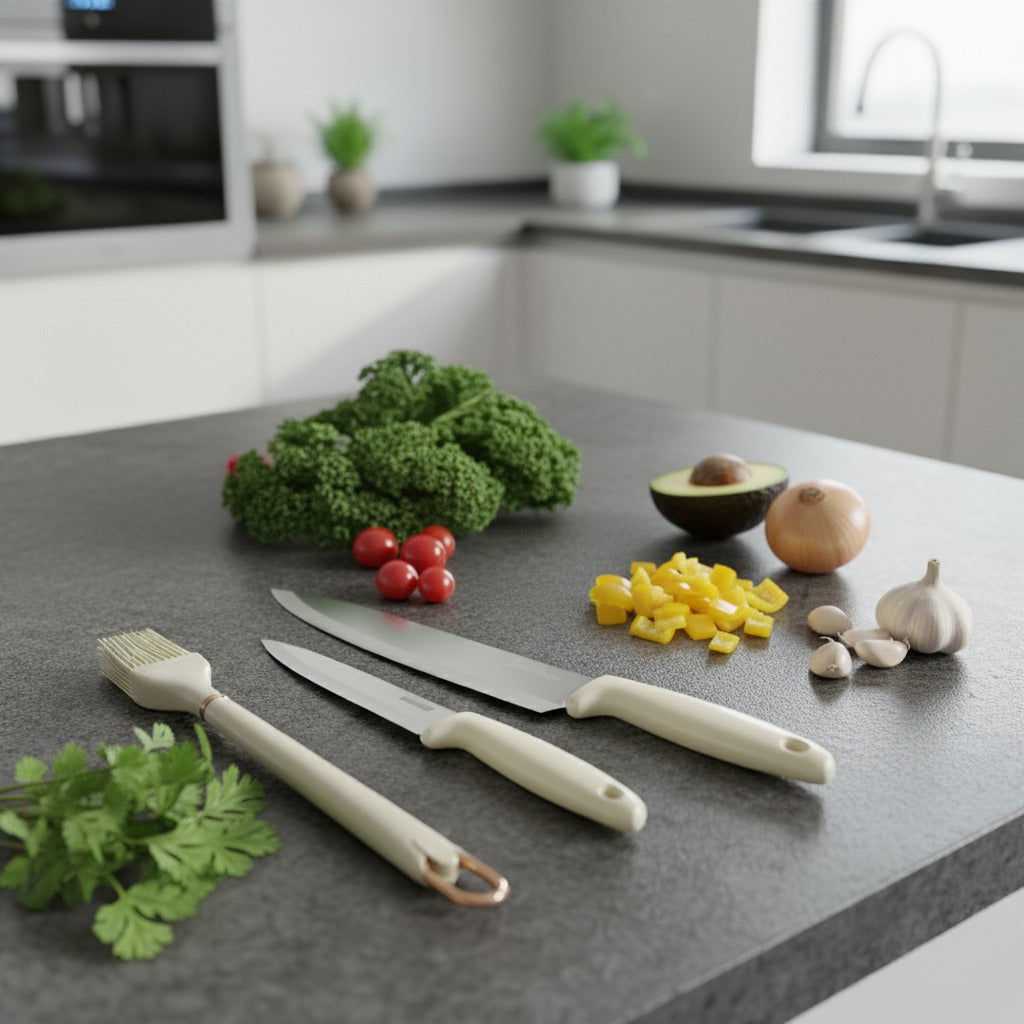 Kitchen Knife Set are Placed on a Kitchen Slab.