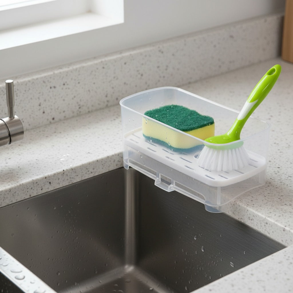 Kitchen Sink Drain Rack Caddy Organizer is Placed Next to Kitchen Sink Organized with Cleaning Tools.