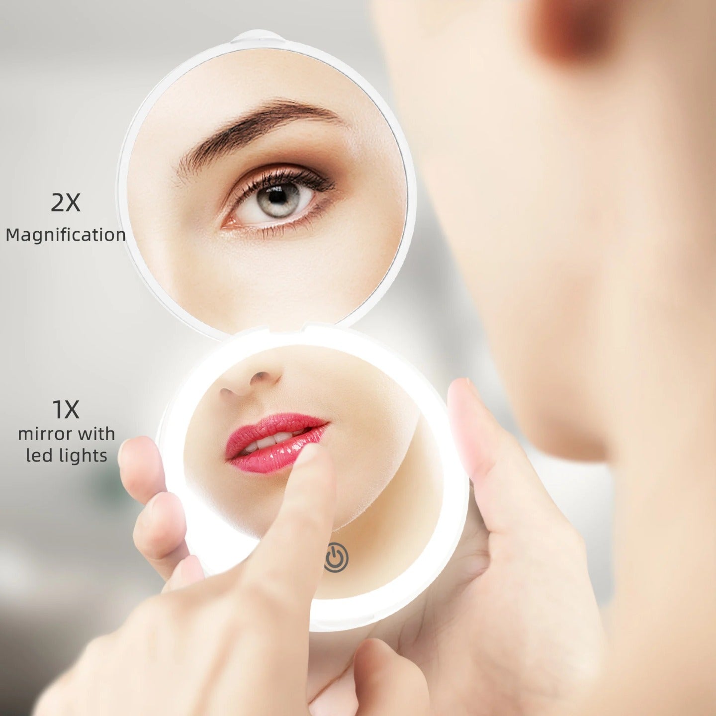 A Woman is Reflecting On LED Compact Makeup Mirror.