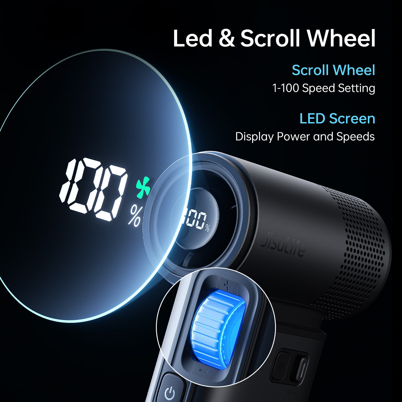 LED and Scroll Wheel Of JisuLife Handheld Fan Ultra2.