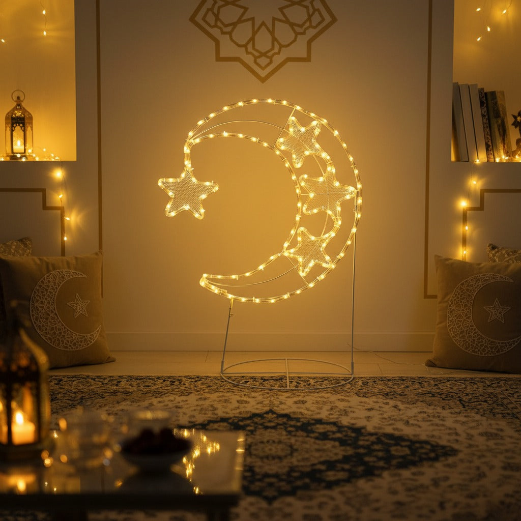 LED Moon & Star Floor Standing Light are Placed in a Living Area with a Ramadan Ambience.