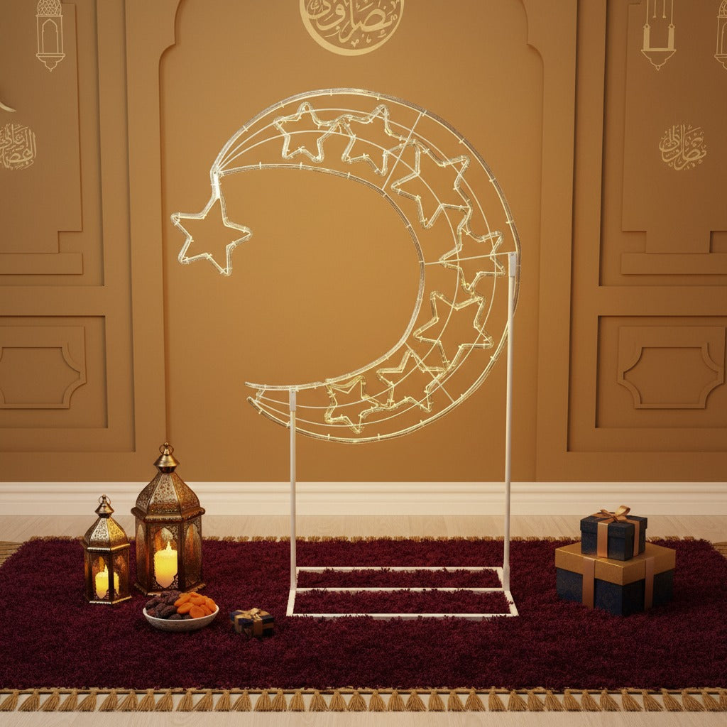 LED Moon & Star Floor Standing Light are Placed in a Living Area with a Ramadan Ambience.