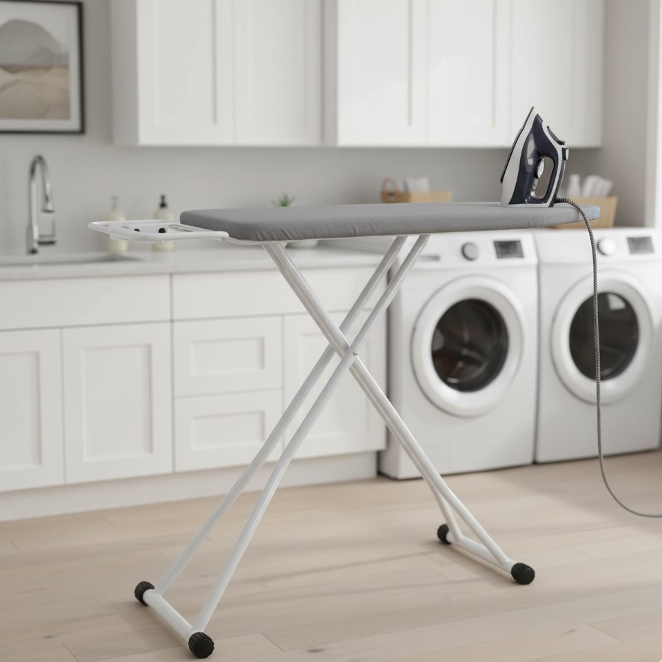 An A Person is Ironing Her Clothes On Iron Board with Iron Holder is Placed at Laundry Area.