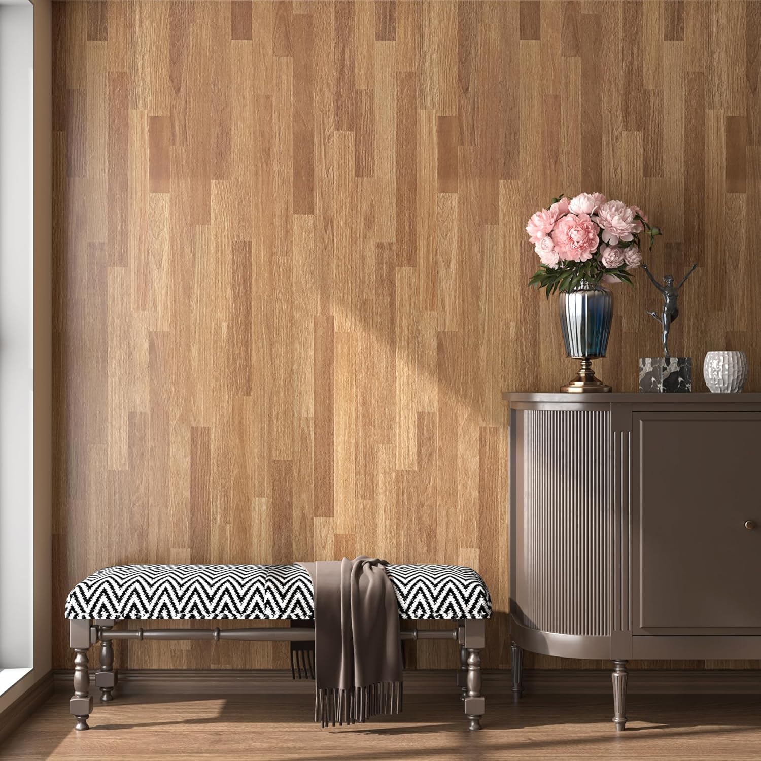 Self Adhesive Wood Grain Peel and Stick Ceramic Tile Wallpaper Stickers is Applied on the wall of the living area.