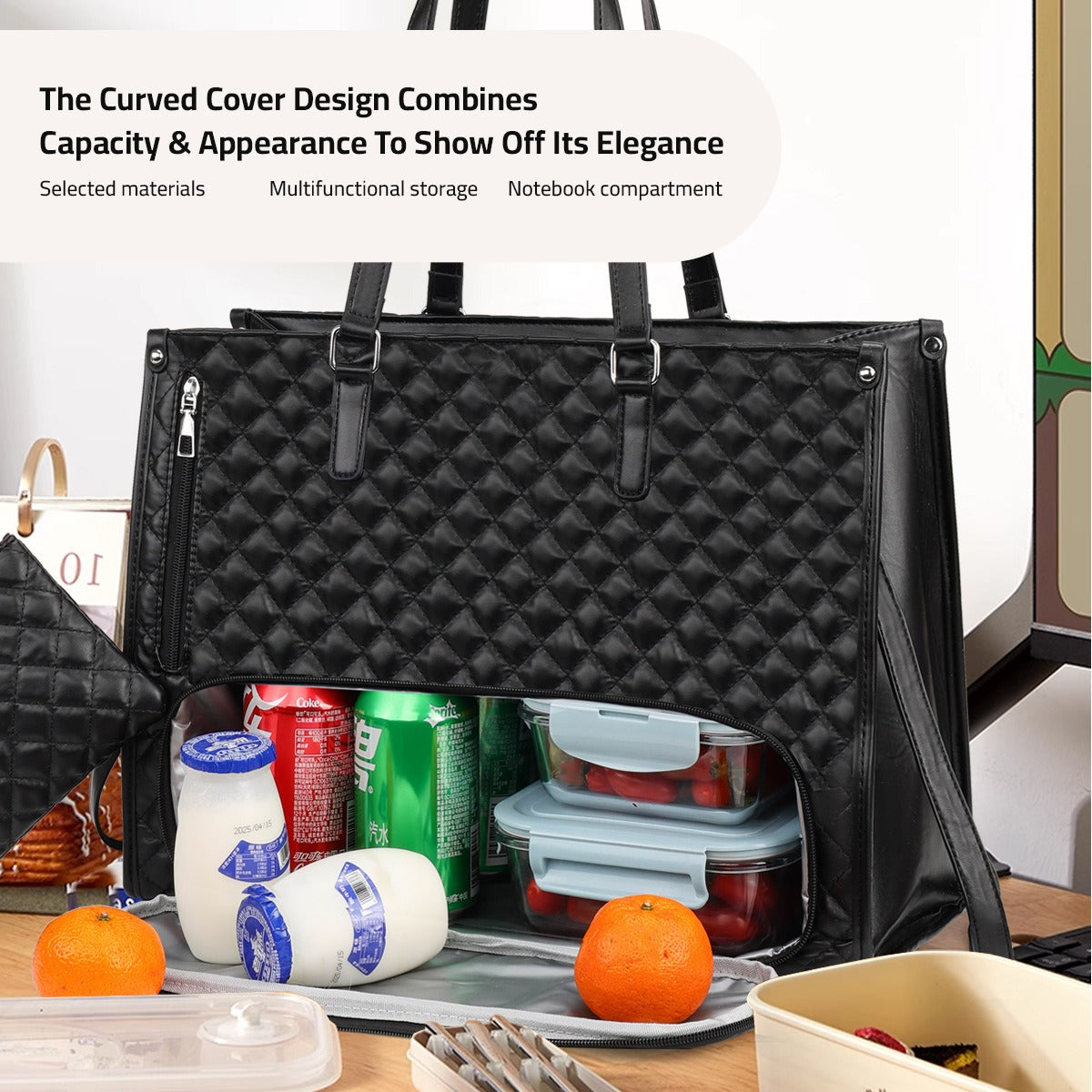 Lunch Boxes and Drinks are Stored at Women Tote Lunch Bag.