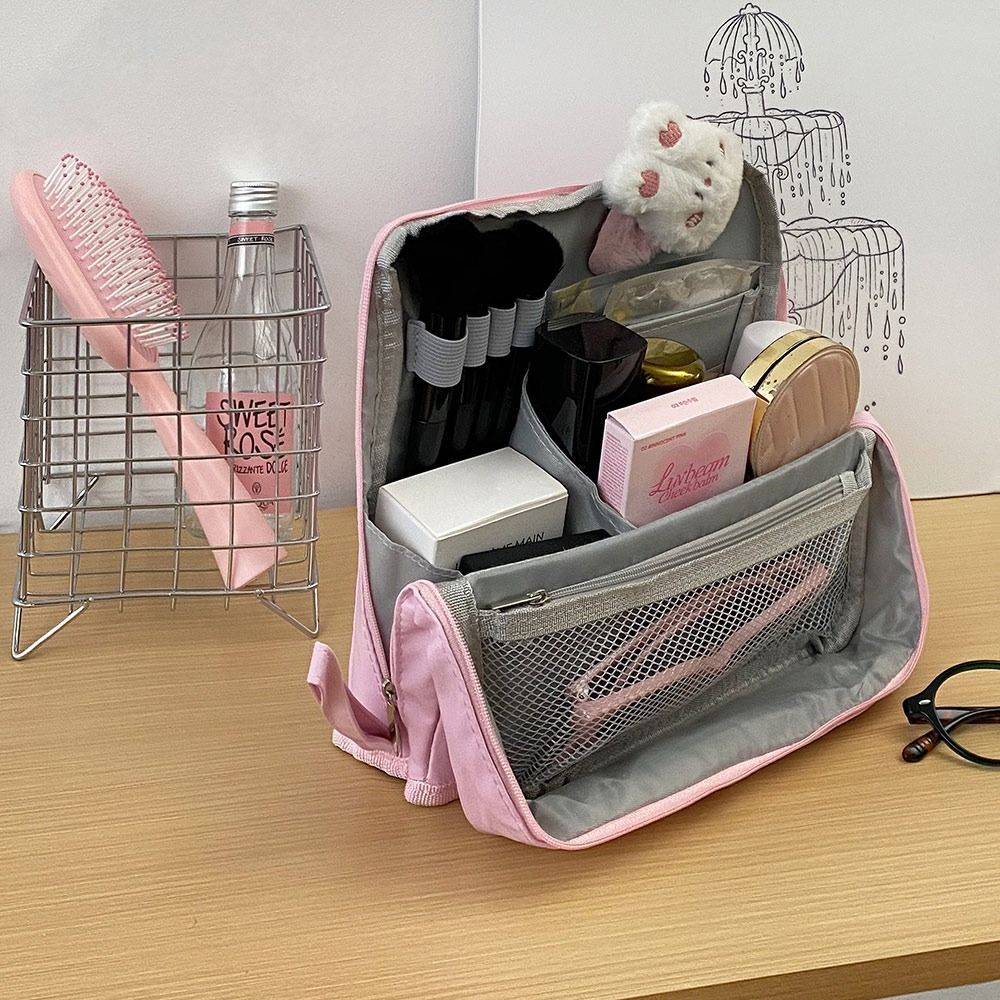 Makeup Bag Cosmetic Storage Organizer Organized with Makeup Essentials.