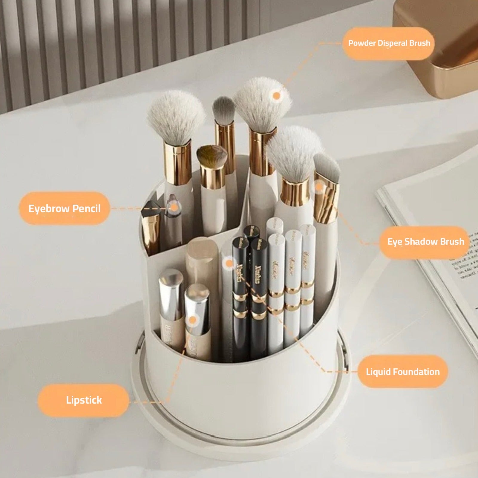 A Makeup Brush Holder Organizer Stand is Organized with Makeup Items.