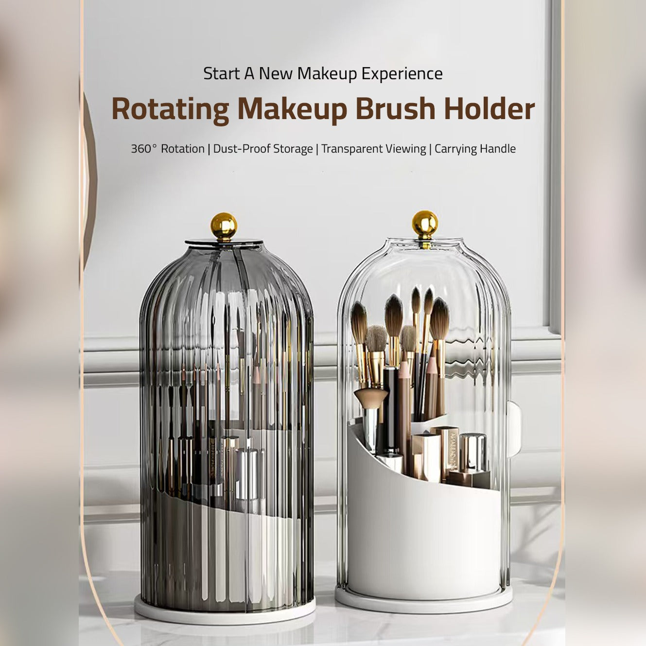 Makeup Brush Holder Organizer Stands are Organized with Makeup Items.