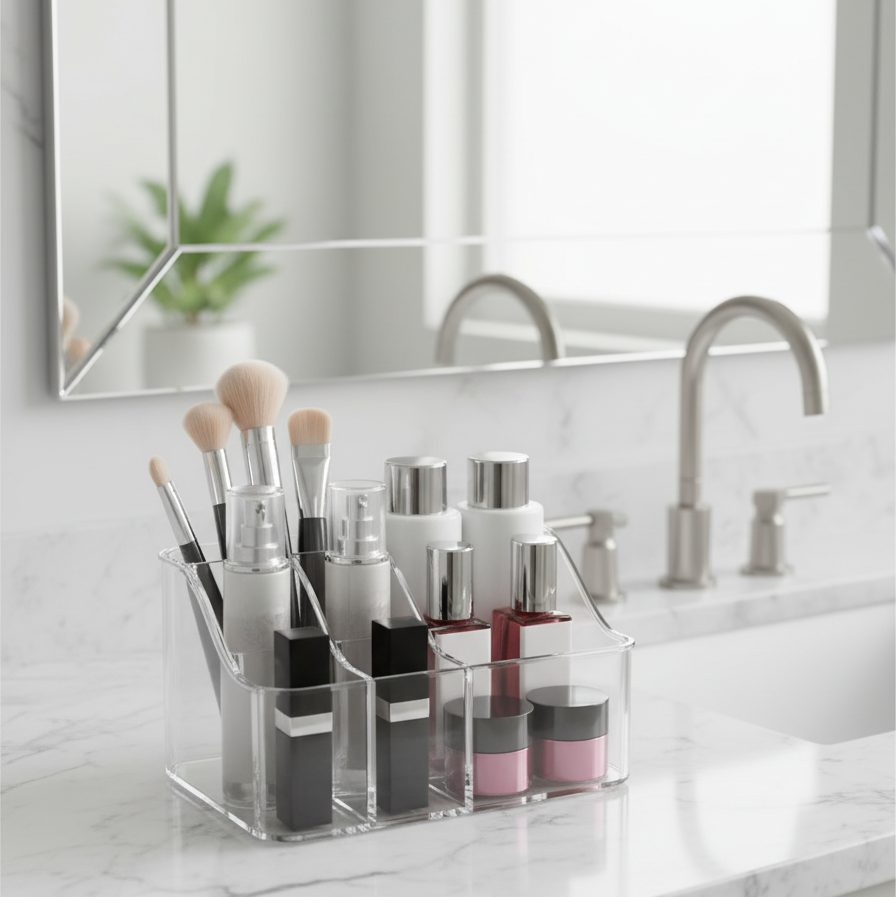 Cosmetic Items are Arranged in a Transparent Makeup Storage Organizer Box.