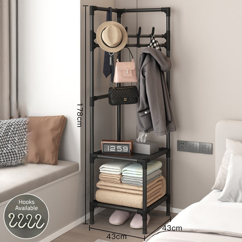 Size Of Multi-Layer Clothing Rack with Cloth, Bags and Hat are Organized.