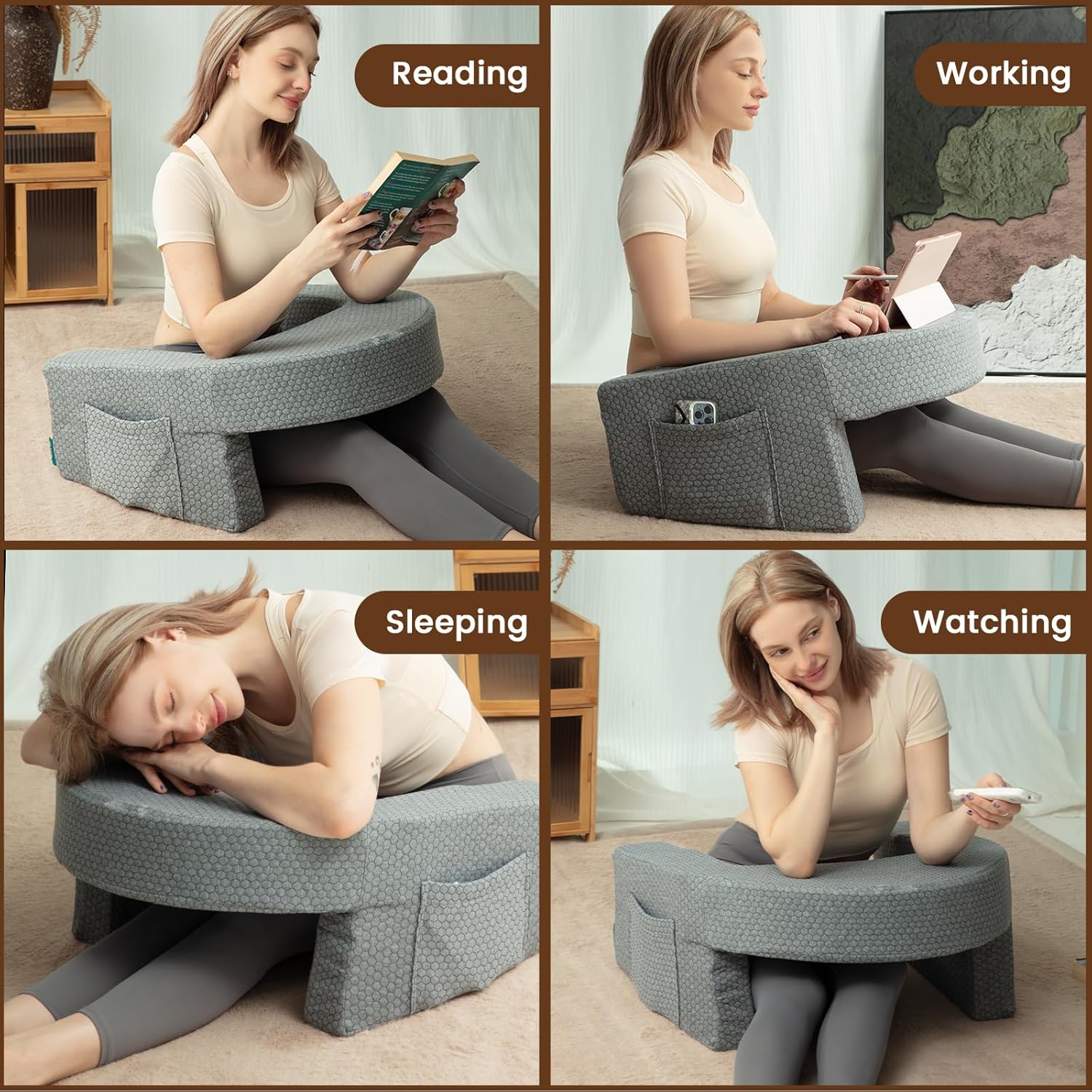 A Woman is Using Bed Reading Pillow at Different Scenarios.
