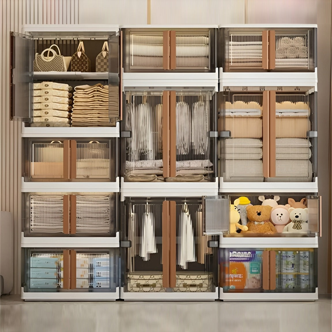 Clothes and Other Home Essentials are Organized in a Stackable Storage Bins